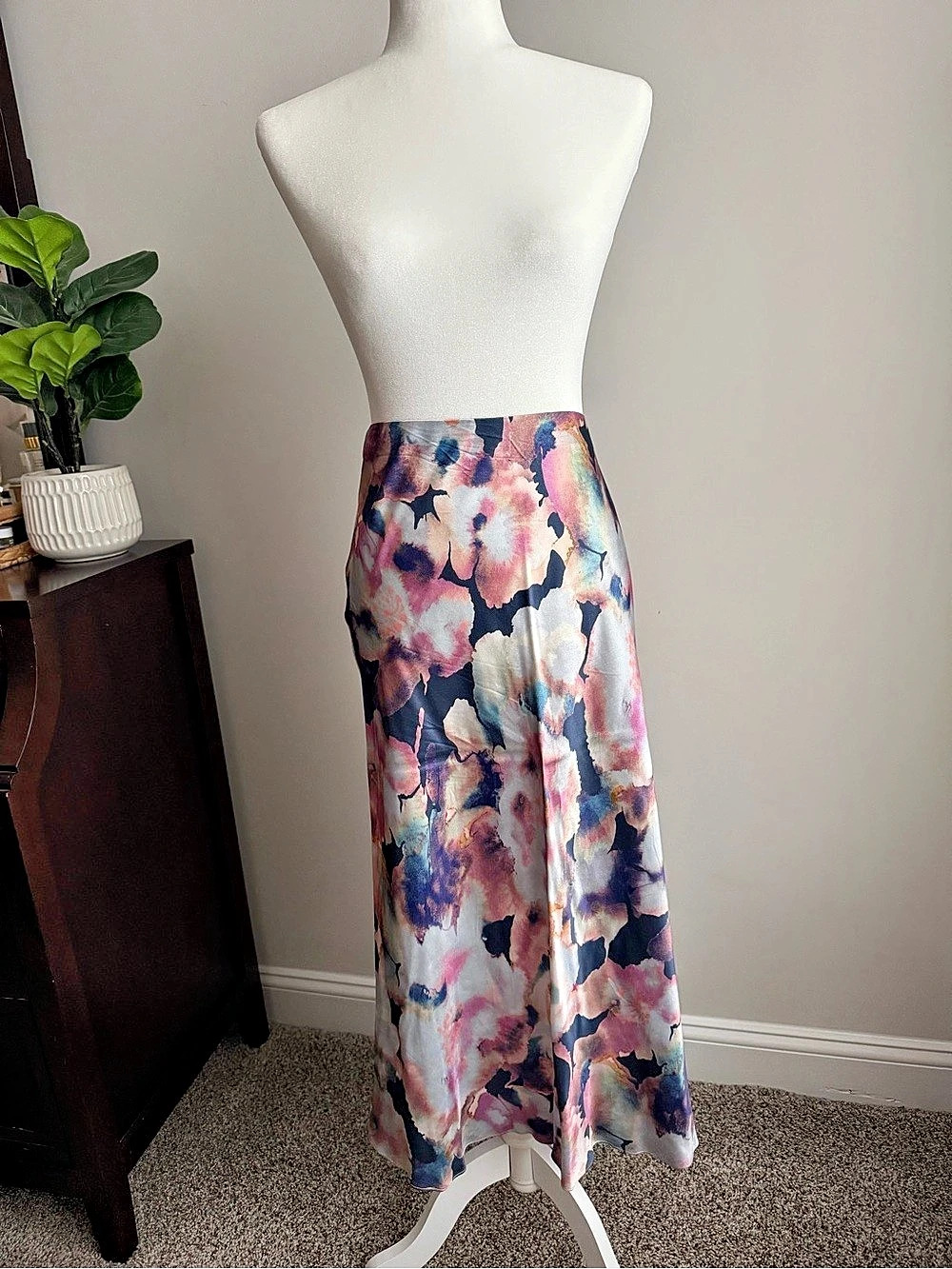 Rails Anya Floral Satin Maxi Skirt in Blue & Pink, Size XL